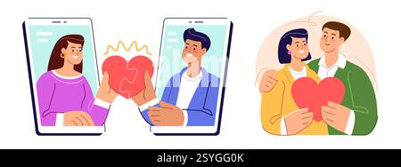 People communicate and start love relationships on dating app. Young couple holding big heart, happy family Stock Vector