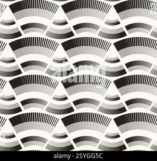 Black grey line complex fan seamless pattern on white background. Symmetric wavy pattern. Stock Vector