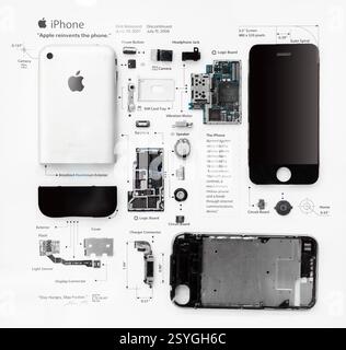 Bangkok Thailand - February 20, 2025: Disassembled broken Apple iPhone components preparing to repair or replace new part on white background. Stock Photo