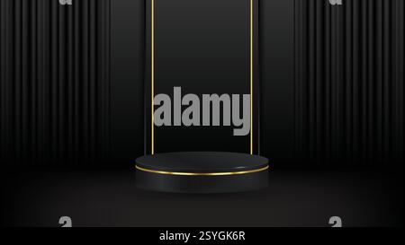 3D abstract studio room with pedestal podium. black geometric platform with golden glitter in rectangle shape backdrop. Luxury scene for demonstration Stock Vector