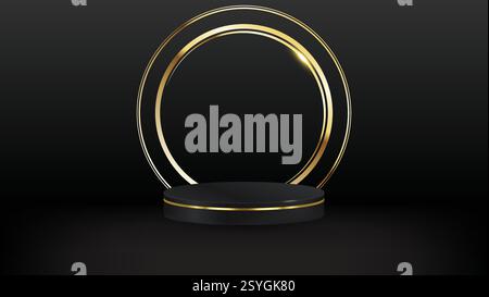 Gold podium for product presentation vector illustration. Abstract empty golden award platform with neon glowing round frame and rays Stock Vector