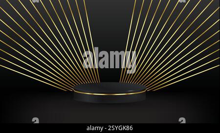 Abstract realistic 3D black cylinder pedestal podium with sunburst golden lines on dark background. Luxury black scene for product display Stock Vector