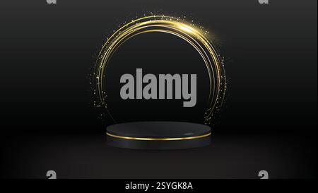 Black and gold podium on black background, geometry podium shape for display product display presentation. abstract vector platform Stock Vector