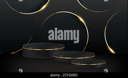 3D rendering black podium geometry with gold elements. Product presentation blank podium. Minimal scene round step floor abstract composition Stock Vector