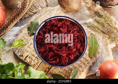 Salad made of grated fresh beetroot, top view Stock Photo