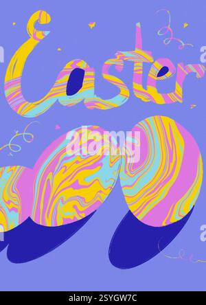 Multicoloured Easter eggs on a purple background. A spring religious annual holiday celebrated in April. Festive springtime food and decor. Fine art. Stock Photo