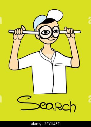 A person holds two magnifying glasses in his hands and looks through them. Vector illustration on a yellow background. Stock Vector