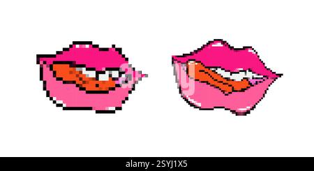 Retro style pink lips with pixel art effect and bold red tongue licking ...