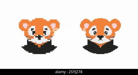 Pixel art cute red panda faces with different expressions in a simple digital design Stock Vector