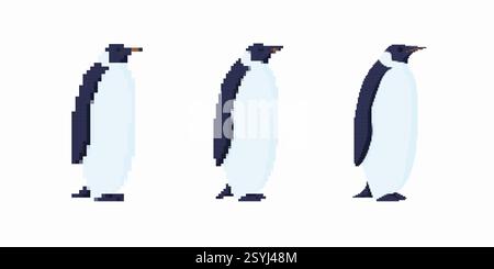 Three pixel art penguins standing in a row with beaks pointing forward Stock Vector