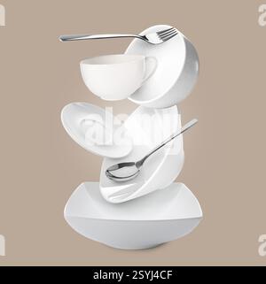 Clean dishware and silverware flying over bowl on grey beige background Stock Photo