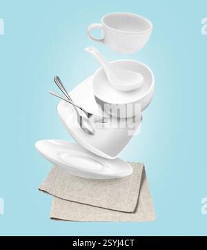 Clean dishware and silverware flying over napkin on light blue background Stock Photo