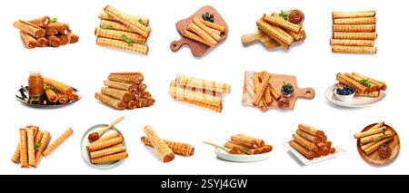 Collage of delicious wafer rolls with boiled condensed milk isolated on white Stock Photo