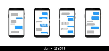 Smartphones displaying interactive text messages on different screens in a row Stock Vector