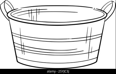 Aluminum basin with handles. Vector line isolated illustration of washbowl, pot. Great for vintage village decor, gardening, and farm visuals, cards Stock Vector