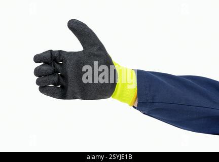 Front image of handyman hand holding something like a cell phone or drinking bottle with yellow and dark black glove isolated on white. Stock Photo