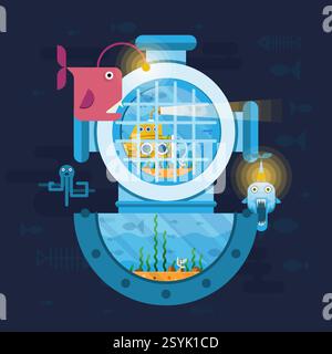 A lively underwater environment shows a yellow submarine surrounded by colorful fish and sea creatures. Brightly designed elements create a fun and en Stock Vector