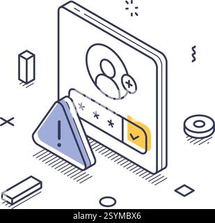 Isometric line art icon focusing on personal data security. It includes elements depicting user authentication with symbols of caution, emphasizing da Stock Vector