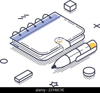 Isometric line art icon of a notebook and pen, symbolizing online education. It illustrates the theme of digital learning and study materials in a mod Stock Vector