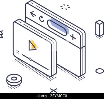Isometric line art icons symbolizing online education. The design includes elements like video players and interactive components that reflect digital Stock Vector