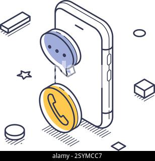 Isometric line art icon representing technical support, showcasing a smartphone with communication symbols like a phone and chat bubbles, set in a dig Stock Vector