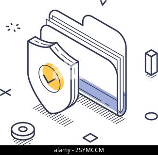 Folder with a shield symbolizing data protection, surrounded by geometric shapes. Perfect for design and infographic applications in security. Modern Stock Vector