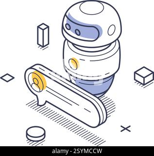 Isometric line art icon features a technical support chat bot. Surrounding geometric elements enhance the modern, tech-inspired design. Vector illustr Stock Vector