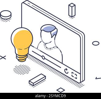Concept of content creation featuring a figure inside a screen and a light bulb, symbolizing ideas and creativity. This design emphasizes modern digit Stock Vector