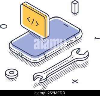 Isometric line art icon that showcases a smartphone and web development elements like code snippets and tools. It symbolizes modern technology in a mi Stock Vector