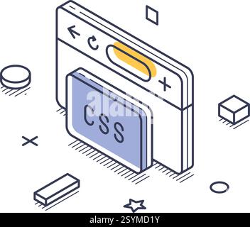 Isometric line art representation highlighting the concept of web development featuring a CSS element. This design utilizes clean outlines and shapes Stock Vector