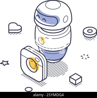 A unique robot icon stands at the center, surrounded by playful elements like hearts and stars, symbolizing content creation. Isometric design represe Stock Vector