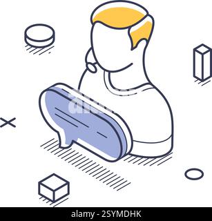 Character engaged in technical support, illustrated in a minimalist isometric style. The design features a person holding a phone, surrounded by vario Stock Vector