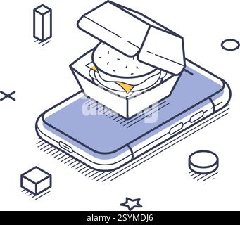 Smartphone with a takeout box containing a burger, emphasizing the food delivery concept. It creatively represents modern dining options. Modern isome Stock Vector