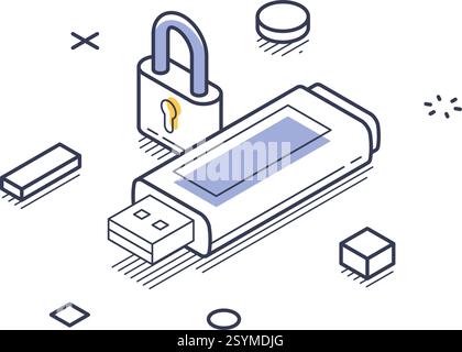 USB drive secured by a padlock, highlighting themes of data protection and security. The design includes various geometric shapes to enrich the compos Stock Vector