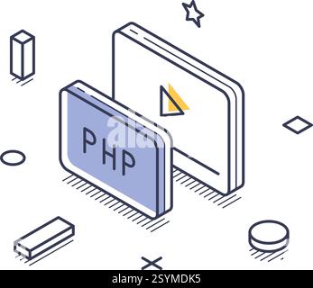 Isometric line art icon representing web development. It highlights the PHP programming language along with decorative elements. Modern isometric line Stock Vector