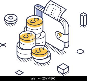 Isometric line art illustrates a business startup concept, featuring a wallet with cash and stacked coins. This design highlights the financial aspect Stock Vector