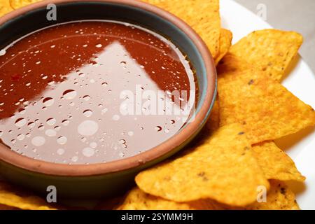 nachos and tomato salsa dip close up Stock Photo
