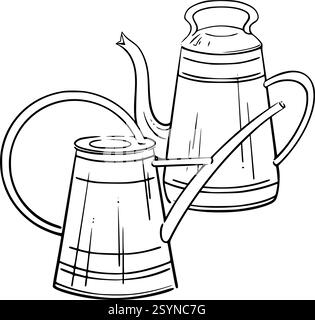 Watering cans. Minimalist line vector graphic illustration of two gardening cans. Ideal for garden lovers, spring cards, floral themes, eco decor and Stock Vector