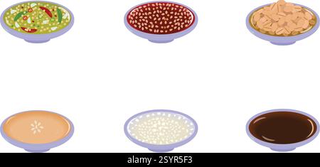 The Chinese dips sauce with bowl-Boiled chicken with chili, Chili Dip(lajiao) , Soy Bean Paste, Sesame sauce(Majiang), Garlic Vinegar, fish sauce Stock Vector