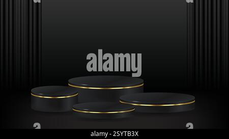 Set of four Realistic 3D black cylinder pedestal podium set with dark curtains background. Vector abstract minimal wall scene for products stage Stock Vector
