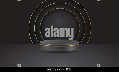 Luxury 3D Black Podium with Gold Circles for Product Display, Showroom, Showcase and Mockup Stock Vector