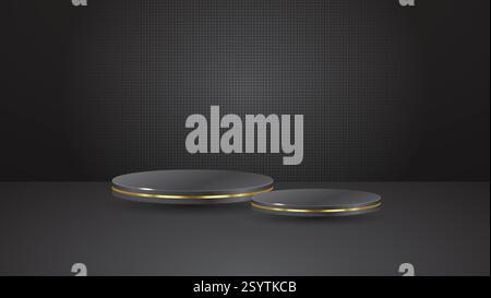Two black podiums on a black diagonal boxed textured background, premium design background for product display Stock Vector