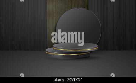 Luxury podium abstract design with dark gold color on black strips background. Premium design for product display Stock Vector