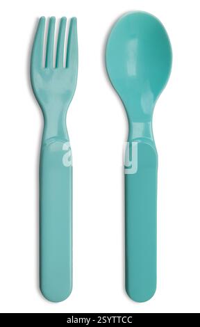 Baby plastic spoon and fork, blue light small spoon and fork for children isolated on white with clipping path included Stock Photo