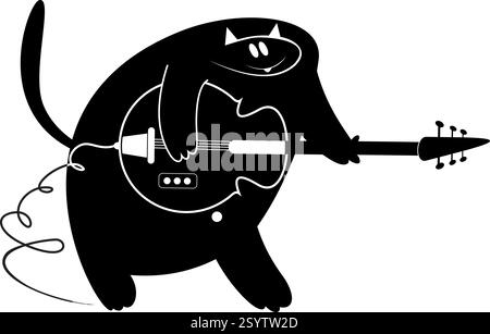 Cute funny cat playing music on guitar. Cute fat cat playing guitar and singing. Black and white illustration Stock Vector