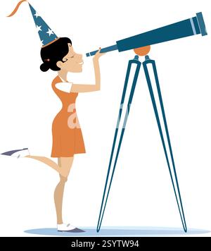 Astronomy scientist or stargazer woman. Astronomy scientist or stargazer woman looking through a telescope. Fantasy wizard in tall hat. Isolated white Stock Vector