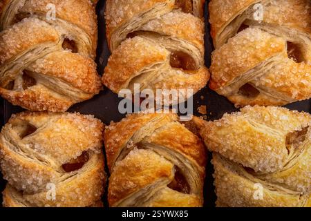 A close-up view of freshly baked apple strudels with a crispy, golden-brown crust and a sweet sugar topping, arranged on a dark baking tray. Stock Photo