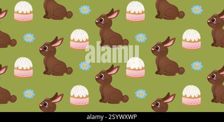 Seamless Easter pattern with brown rabbits, Easter cakes, and blue flowers on a green background. Holiday textile, wrapping paper, and wallpaper desig Stock Vector