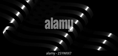 Stylized metallic American flag waving on black, with stars and stripes in sleek, reflective silver tones. Stock Vector