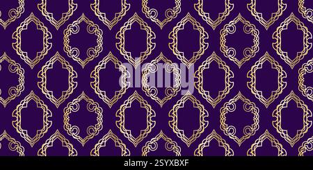 Mashrabiya print. Arabic window and islamic doors frame shape seamless pattern. Oriental architecture elements. Stock Vector